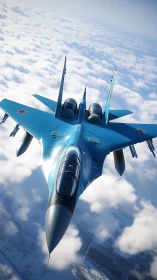 Supersonic twin‑engine fighter jet over stratocumulus cloud deck