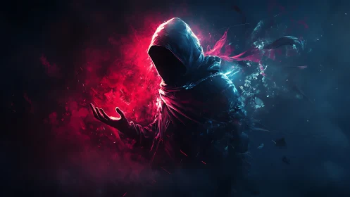 Hooded specter commands swirling crimson energy in darkness