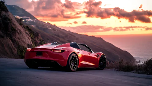 Red electric sports car overlooks dramatic sunset coast road