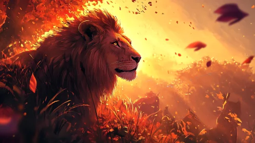 Majestic lion watches a burning autumn sunset in silence