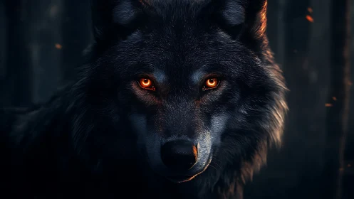 Fierce black wolf stares through the dark forest night