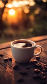 Sunlit coffee cup rests on rustic wood at golden sunrise