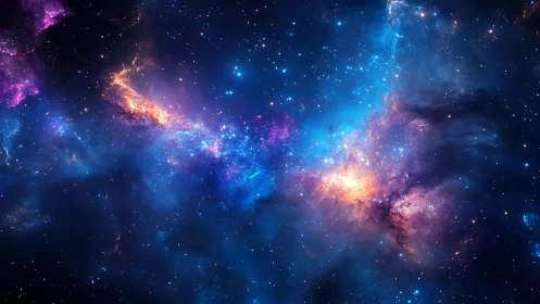 Vibrant galactic nebula glows in swirling cosmic blues.