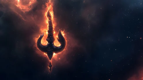 Blazing cosmic trident suspended in swirling nebula flame.