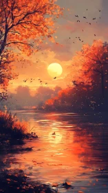 Autumn river sunset with glowing reflections and birds in flight.
