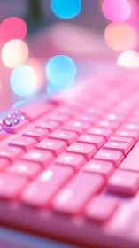 Pink mechanical keyboard with pastel bokeh lighting aesthetic.