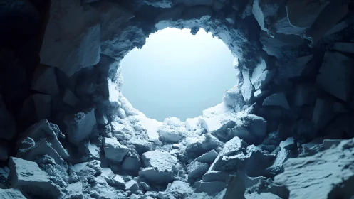 Sunlit Cave Opening with Rocky Icy Debris in Photorealistic Style.
