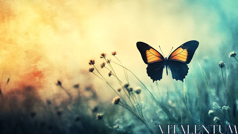 Glowing butterfly ascending over dreamy meadow dusk sky.