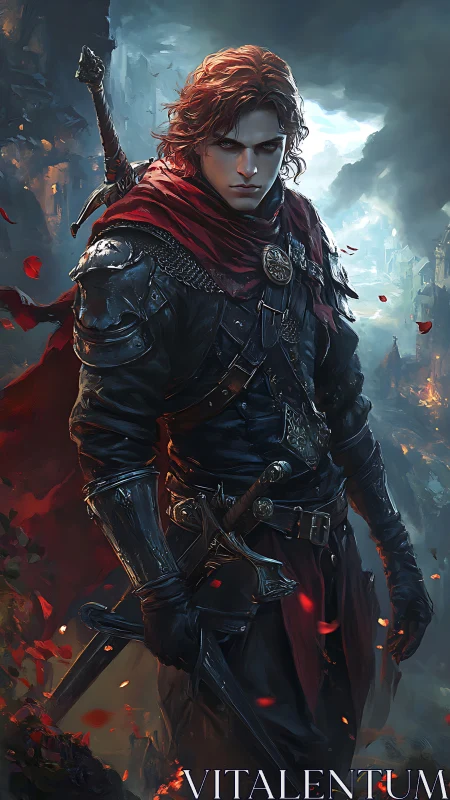 Red cloaked swordsman stands in burning cliffside ruins