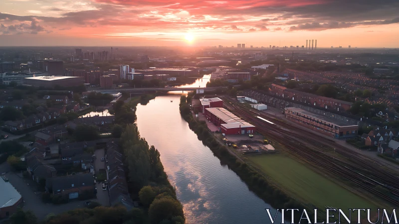 Urban river and railway at sunset over industrial city.