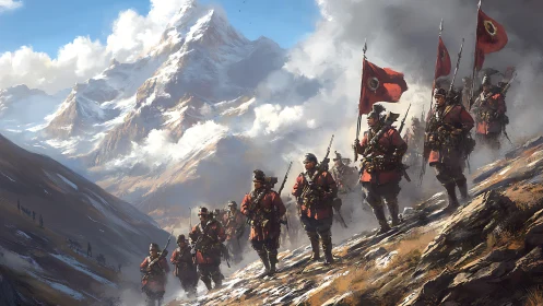 Mountain infantry column with red standards in alpine ascent