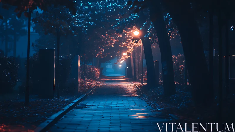 Moody city walkway under cinematic blue and amber lights.