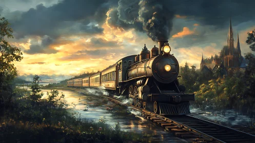 Golden hour steam train rolling through storybook wetlands.