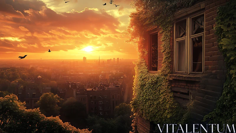 Sunset above urban district and ivy covered brick facade.