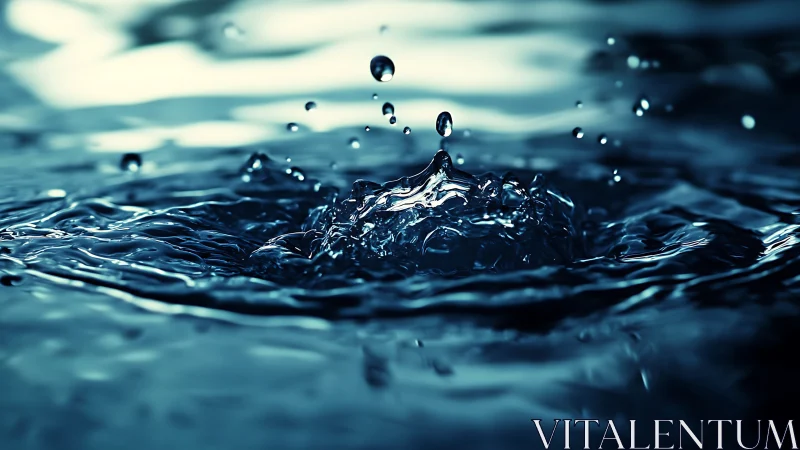 Crystal water droplet crowns rise from a tranquil blue surface