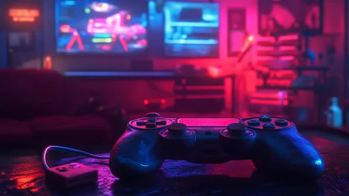 Game controller on desk in neon lit gaming room.