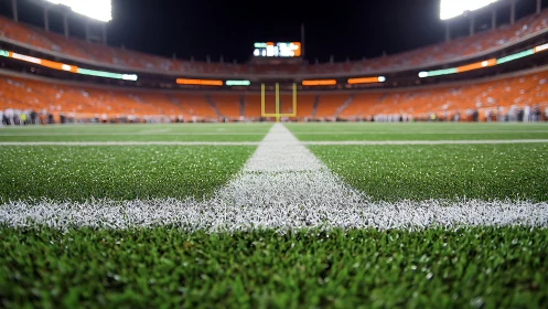 Night stadium turf converges toward illuminated goalposts.
