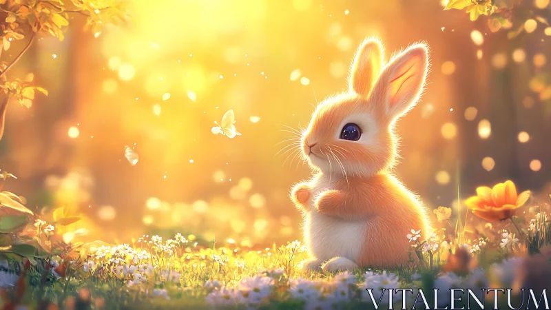 Digital illustration of rabbit in sunlit flower meadow field.