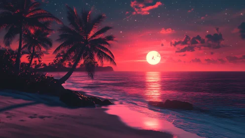 Neon-tide tropic moonrise over a dream-drenched shoreline.