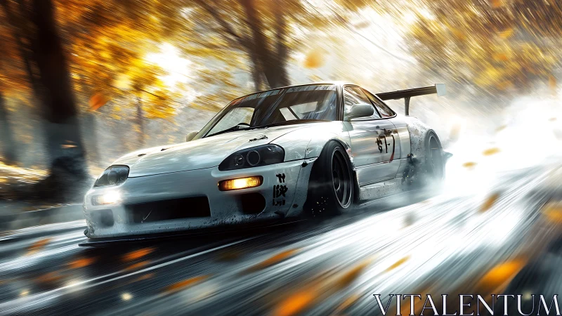 Turbocharged drift car slices through fiery autumn forest.