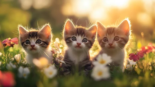 Three kittens in meadow with flowers bathed in golden sunlight