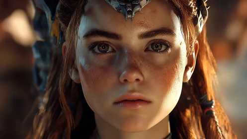 Warrior girl’s intense gaze under tribal metal crown.