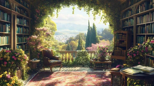 Sunlit garden library terrace overlooking distant valley.