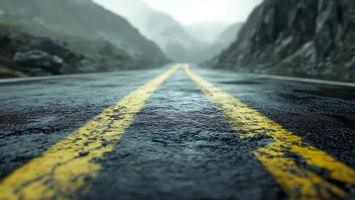 Wet mountain road surface with yellow center lines.