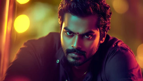 Intense close up portrait of serious man in neon light