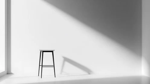 Minimalist black stool in bright white corner interior.