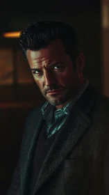 Low-key male portrait with cinematic lighting and textured tailoring