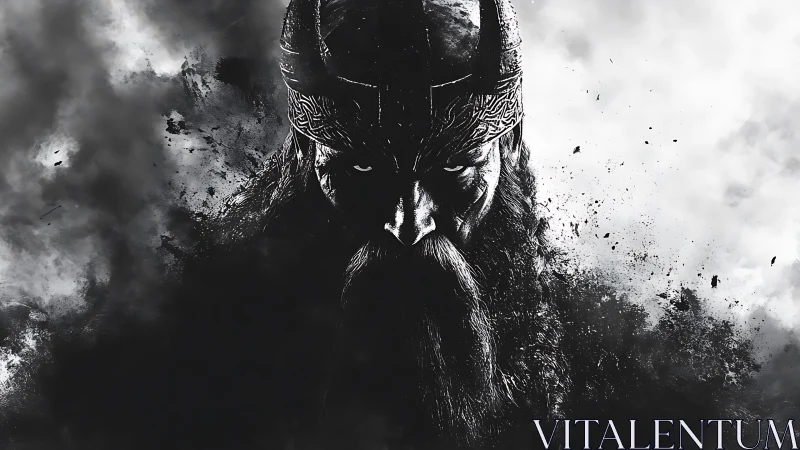 Monochrome Viking warlord portrait in dynamic ink dispersion.