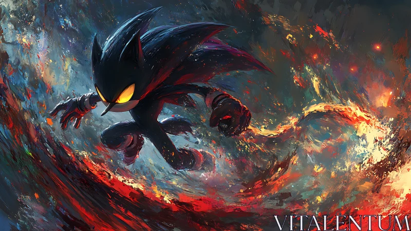Dark hedgehog figure in dynamic, flame edged motion field.