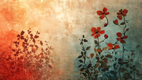 Gradient floral silhouettes with red blossoms on textured ground