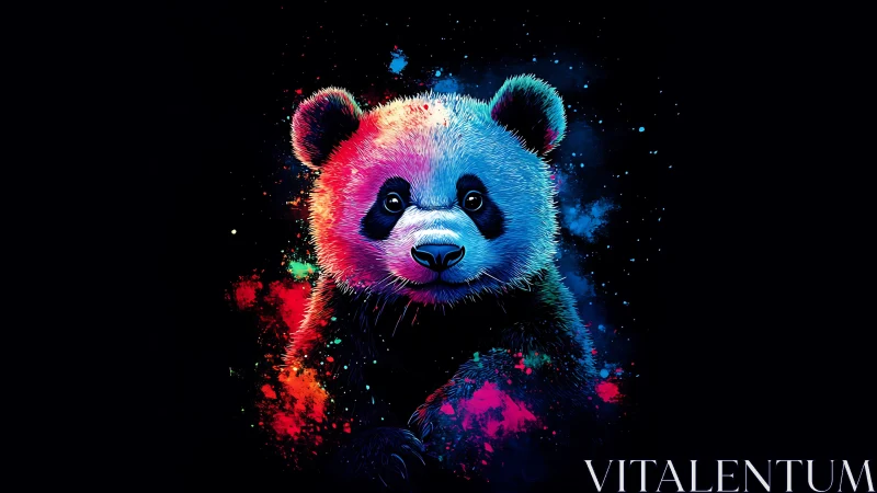 Neon panda portrait glows within deep cosmic darkness.