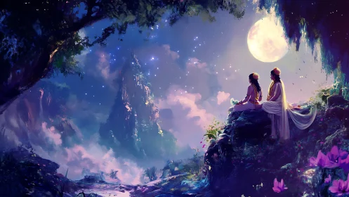 Moonlit deities overlook ethereal valley under starlit sky.