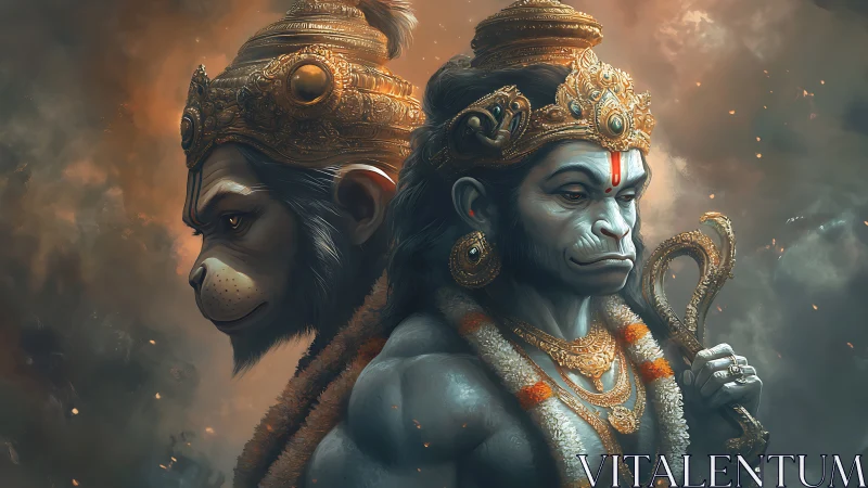 Mythic monkey warrior duo in ornate golden crowns.