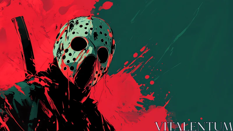 Hockey mask killer silhouette soaked in splattered crimson