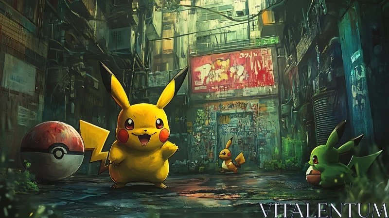 Pikachu patrols neon alleyway in rain-soaked urban ruin.