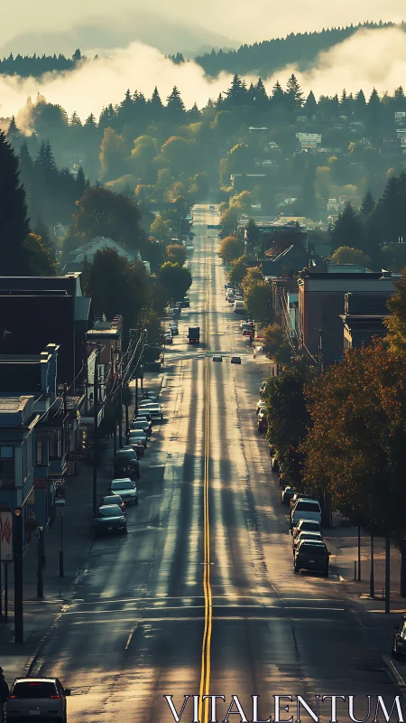 Long wet roadway through small town toward forested hills.