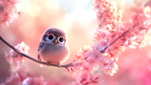 Blossom-perched baby owl glowing in soft pastel dawn hush.