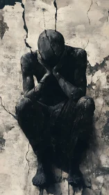 Dark human figure is integrated into fractured concrete wall