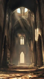 Gothic ruin interior with volumetric light and axial depth study.