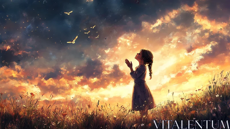 Backlit girl in wildflower field under radiant sunset clouds