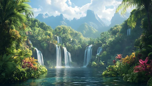 Emerald cascades whisper secrets into a hidden valley lagoon