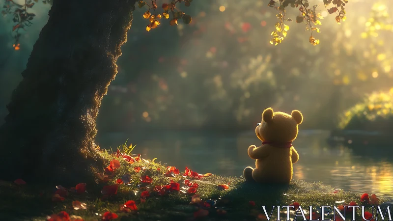 Soft toy philosopher watches golden light ripple across water