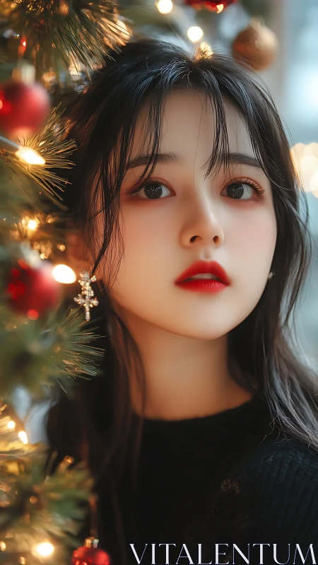 Portrait beside glowing Christmas tree with soft bokeh lights