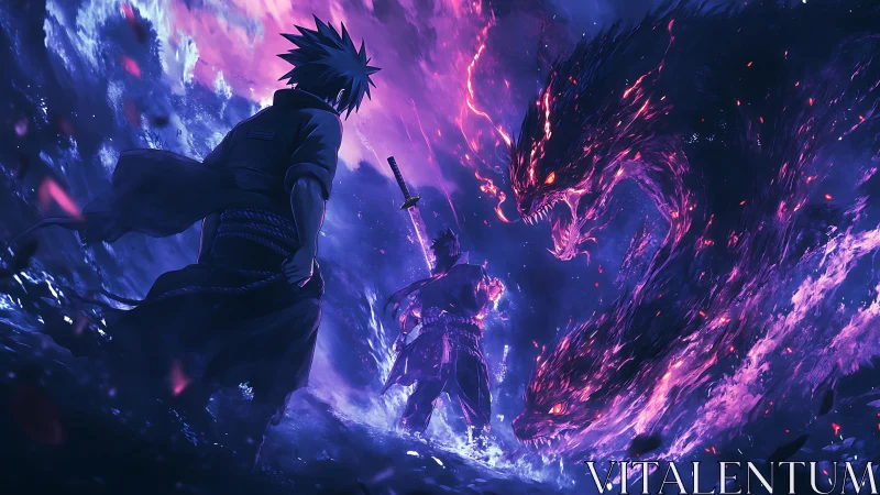 Dual swordsman confronts multi-headed spectral beast in violet plasma