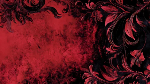 Red floral scrollwork curls over textured black void
