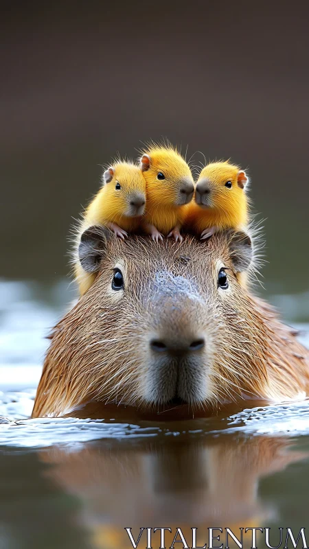 Capybara ferry sails with three golden fuzzball passengers.